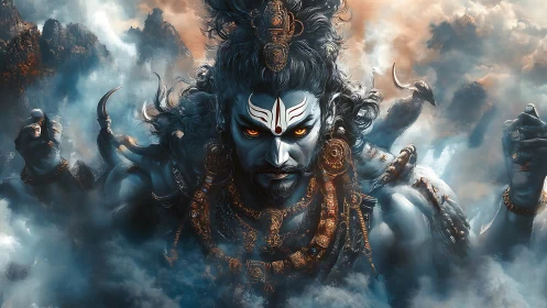 Mythic blue deity emerging from storm clouds in fury.