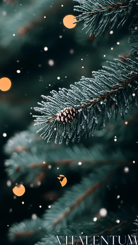 Snowy spruce needles cradle a single winterlit pinecone