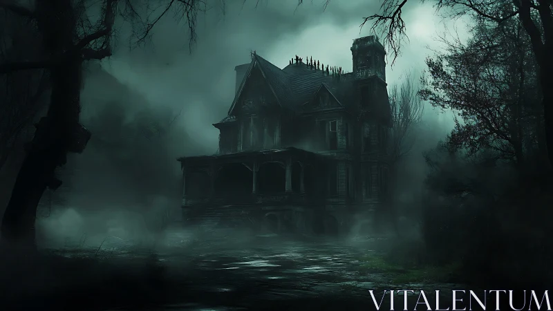 Fog-drowned manor brooding at the edge of forgotten woods.