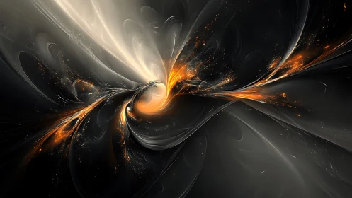 Glowing cosmic swirl of light and embers in deep shadowed space.