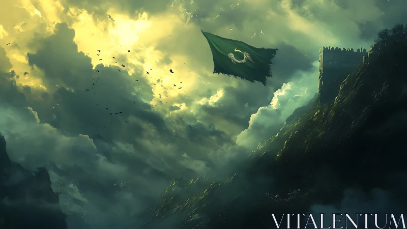 Stormlit citadel with tattered emerald standard aloft.