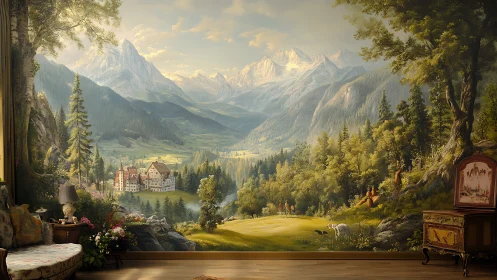 Romantic alpine valley mural integrates with ornate interior decor