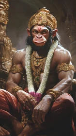 Regal monkey warrior sits calm in gilded temple light