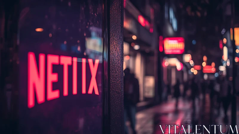 Neon storefront reflection isolates brand text in rainy night street