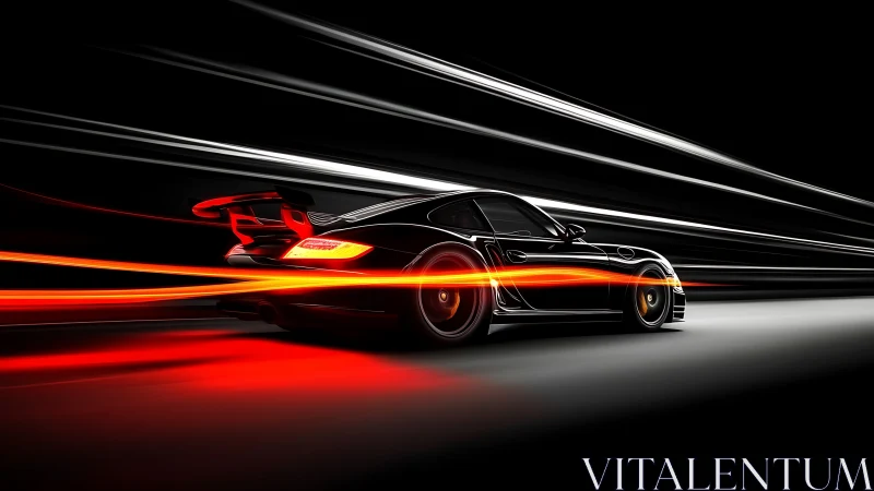 Black sports car cuts through neon speed trails at night