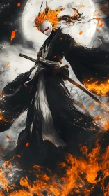 Skull masked swordsman rises before full moon through fire