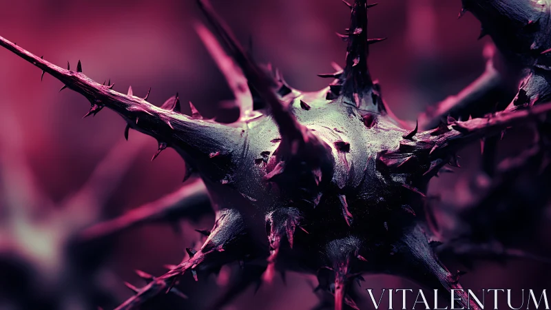 Moody thorny macro form bathed in deep magenta light.