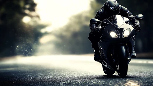 Sport motorcycle rider on wet highway at dawn speed run.