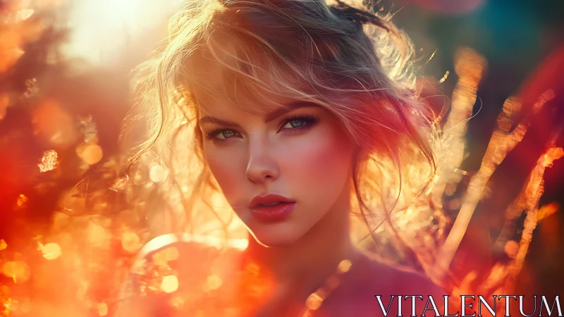 Luminous digital portrait amid blazing sunset bokeh glow.