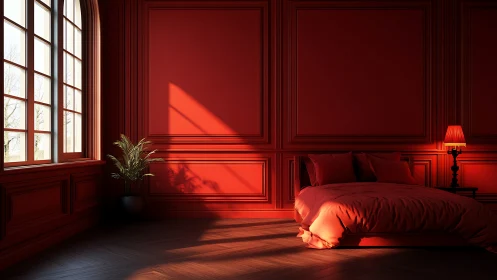 Crimson bedroom bathed in dramatic window light and shadow play.