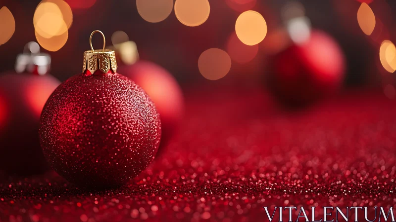 Macro closeup of red glitter bauble with golden cap, bokeh