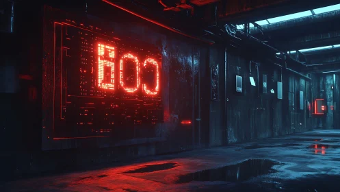 Industrial corridor with red digital panels and reflections.