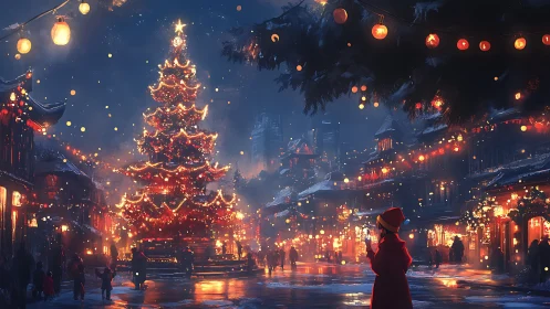 Nighttime winter plaza centers on luminous multilayered Christmas tree