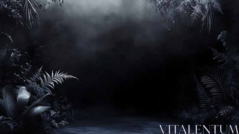 Dense monochrome foliage bordering a dark central void.