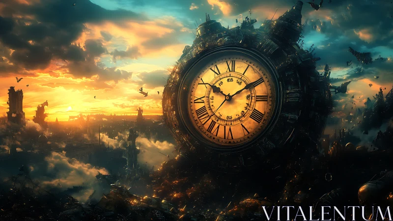 Titan clock dominates burning postapocalyptic wasteland dusk.