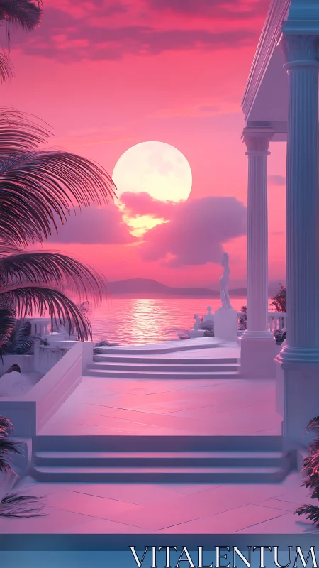 Neoclassical terrace under neon pink moonlit seascape.