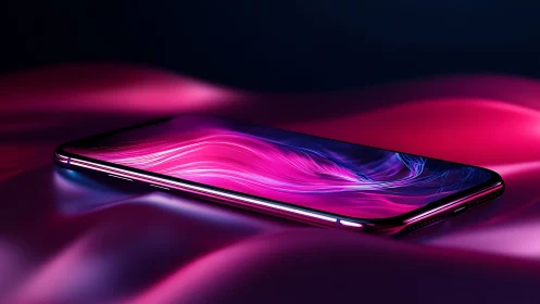 Sleek smartphone rests in glowing pink and purple light waves