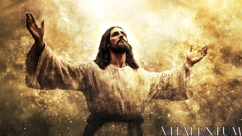 Radiant robed figure uplifting arms in golden light vision.