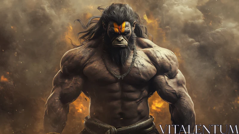 Mighty warrior ape stands strong amid swirling fire and smoke