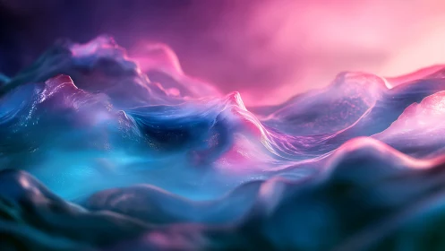 Iridescent liquid waves undulate under neon pink horizon glow