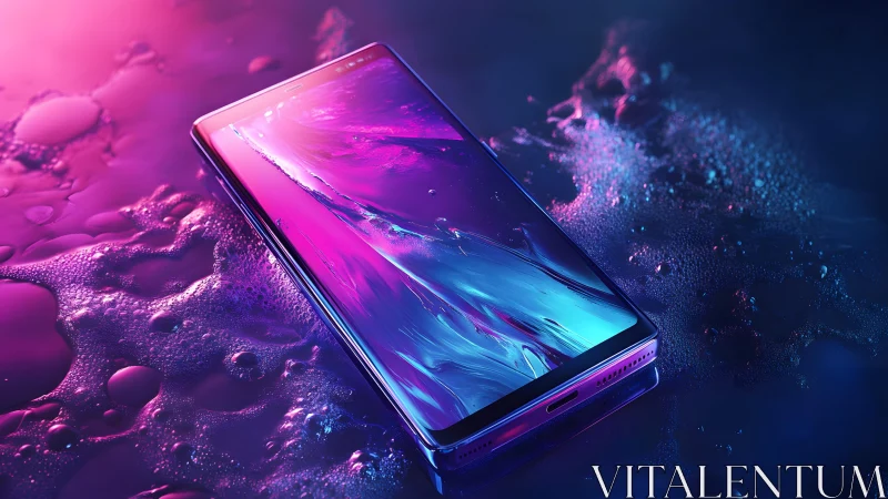 Modern smartphone on wet surface with neon lighting, futuristic style. Modern smartphone on wet surface with neon lighting, futuristic style.