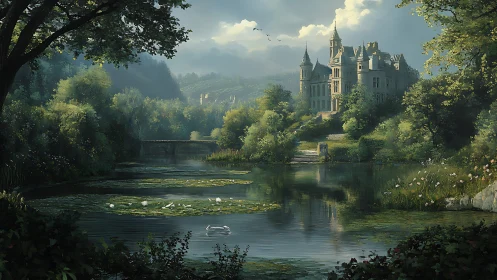 Riverside castle with surrounding forest, bridge, and swans.