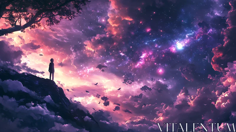 Stargazing silhouette watches a radiant cosmic skyscape.