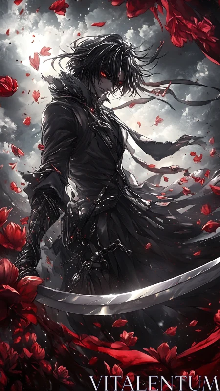 Dark swordsman with red eyes amid swirling crimson petals.