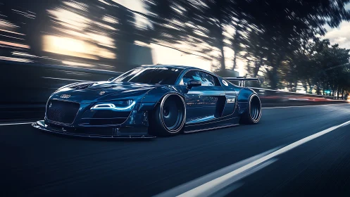 Widebody Audi R8 GT race build on highway at dusk, motion panned