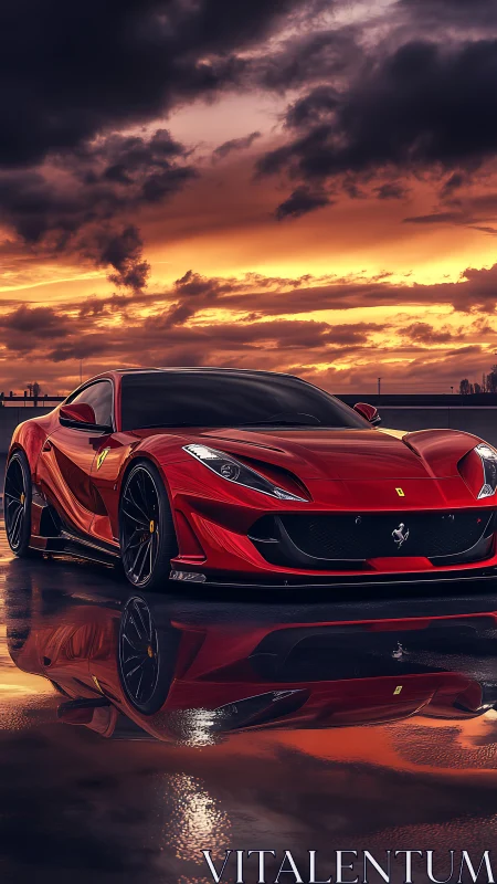 Crimson supercar glows against a stormy, reflective sunset.