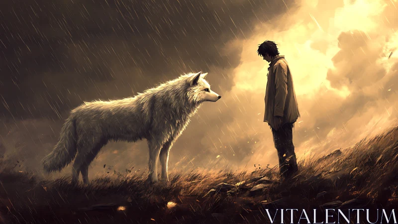 Solitary man and white wolf facing in rain-soaked field.