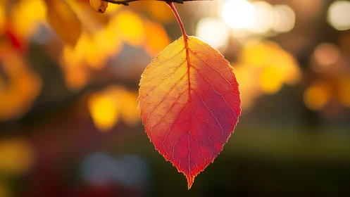 Sunlit ember leaf glows against dreamy autumn bokeh haze.