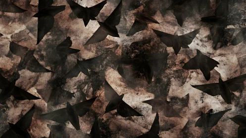 Dark silhouetted birds over distressed sepia textured sky.