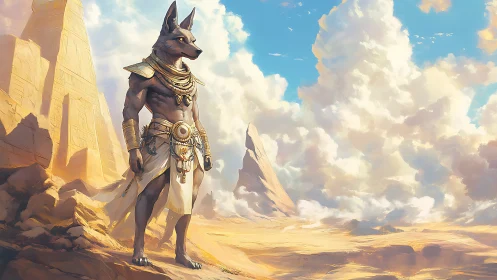 Ancient jackal guardian stands watch over sunlit desert sky