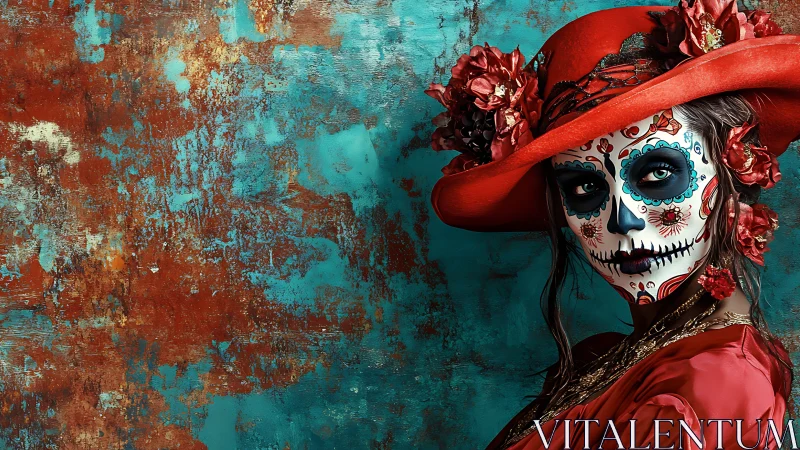 Crimson calavera muse beneath turquoise-rusted skies.