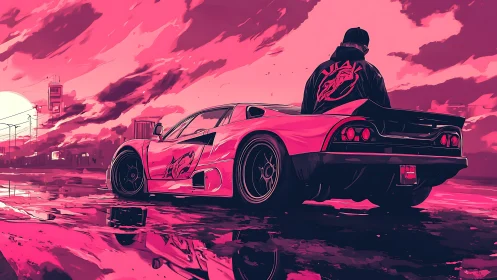 Neon street racer under magenta sunset sky reflection.