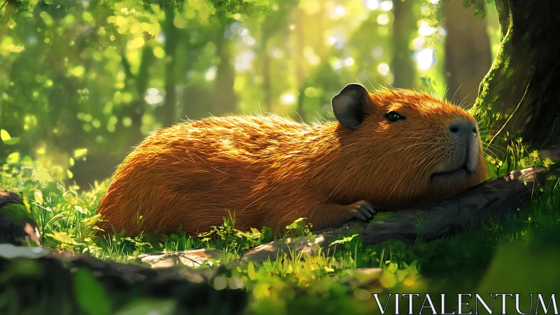 Capybara resting in sunlit forest clearing environment.