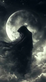 Shrouded spectral figure eclipsing full moon in clouded night.