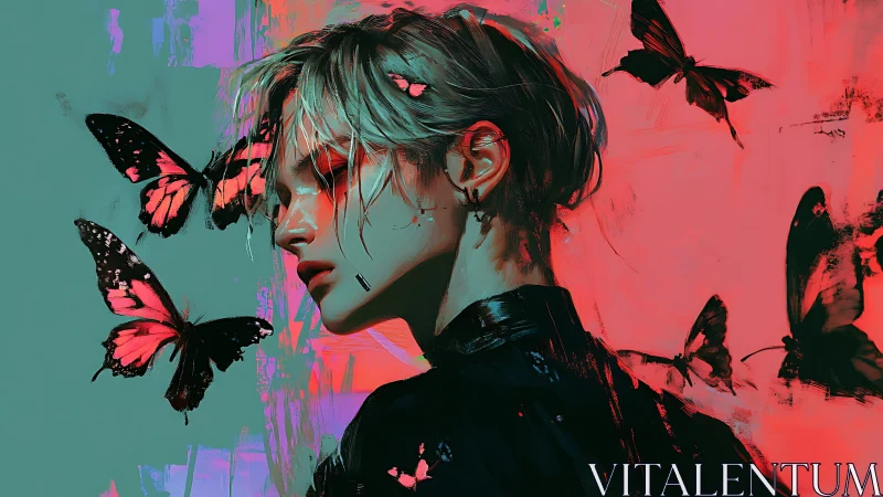 Neon portrait merges figure with surreal crimson butterflies.