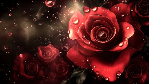 Red Roses with Water Droplets on Dark Background.