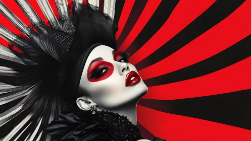 Monochrome female portrait with graphic red and black rays.