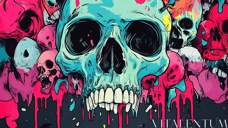 Neon skull cluster drips vivid cyan and magenta paint.