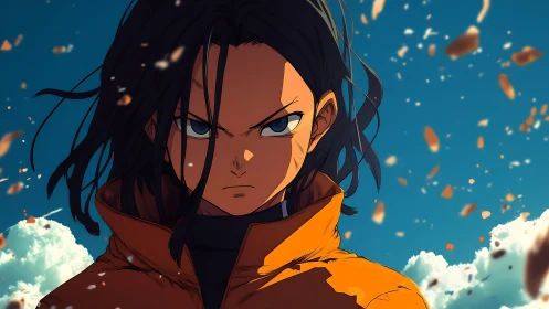 Storm-eyed anime warrior confronts the sky in burning calm.