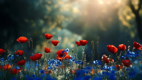 Red and Blue Wildflowers in Field Setting