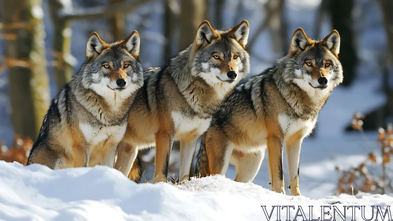 Wild wolf pack standing alert in snowy winter forest.