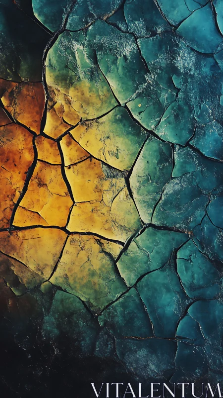 Cracked pigment surface with teal, yellow, and amber gradients