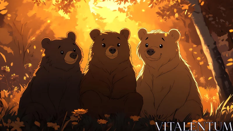 Golden forest trio of friendly bears sharing quiet sunshine.