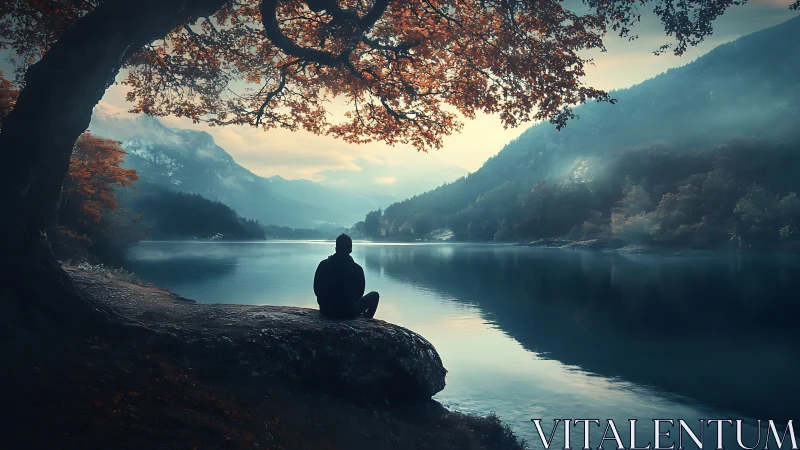 Solitary figure under autumn tree beside misty lake at dusk.