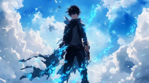 Male figure with blue energy effects in cloudy sky scene.