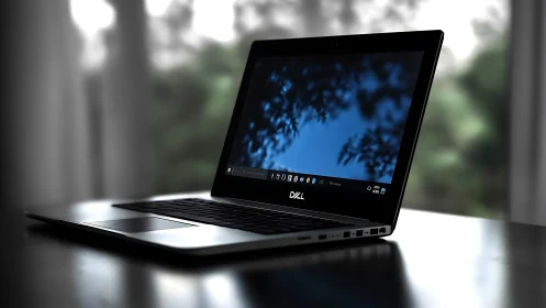 Slim metal laptop with reflective glossy display and shallow DOF